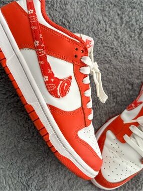 Nike Orange and White Dunk Low with Paisley Swoosh